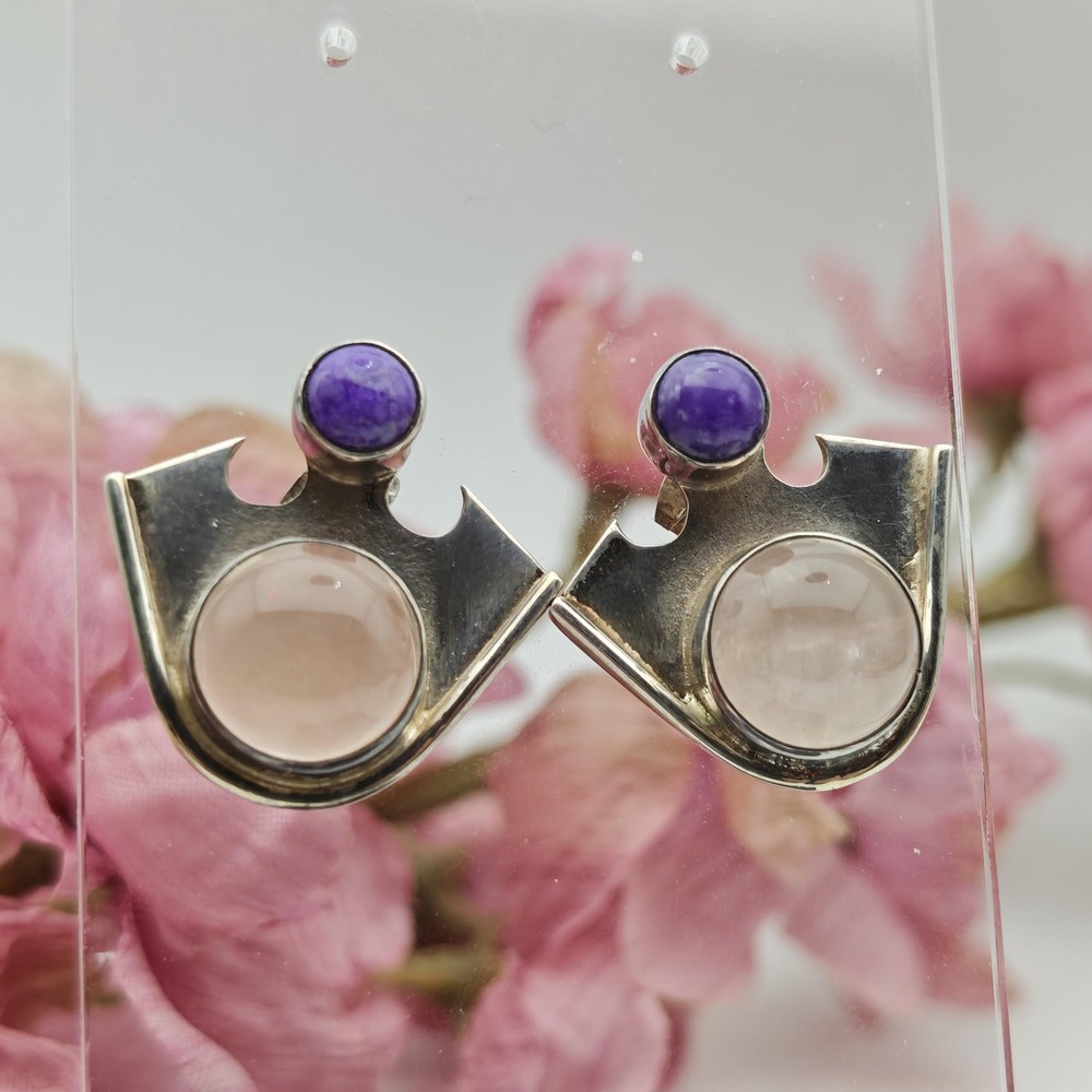 Art Deco Handmade Earrings Women OS Pink Rose Quartz Charoite Sterling Silver